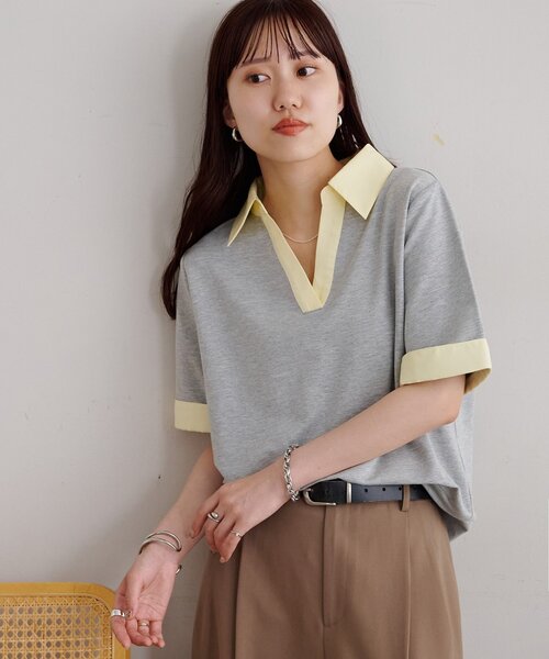 DISCOAT(ディスコート)の「シャツレイヤード風半袖プルオーバー(Tシャツ/カットソー・レディース・ネイビー/オフホワイト/グレー・FREE)」の2枚目の写真