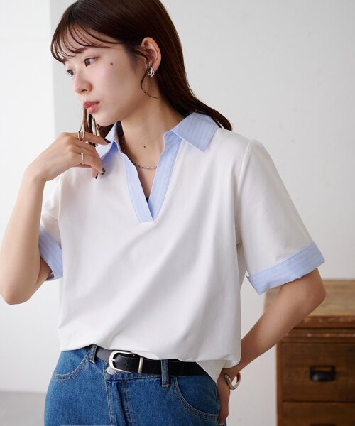 DISCOAT(ディスコート)の「シャツレイヤード風半袖プルオーバー(Tシャツ/カットソー・レディース・ネイビー/オフホワイト/グレー・FREE)」の1枚目の写真