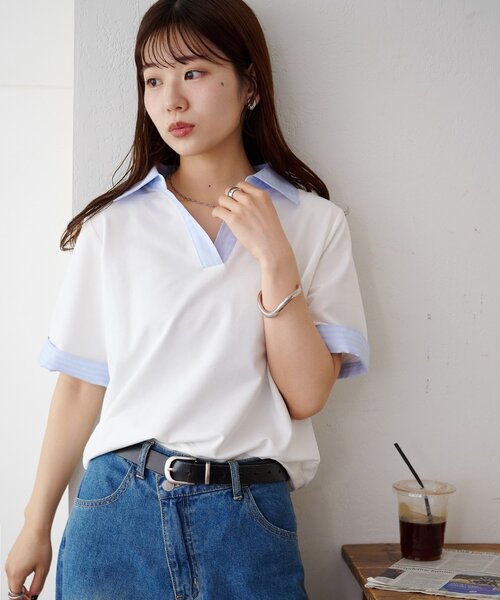 DISCOAT(ディスコート)の「シャツレイヤード風半袖プルオーバー(Tシャツ/カットソー・レディース・ネイビー/オフホワイト/グレー・FREE)」の4枚目の写真