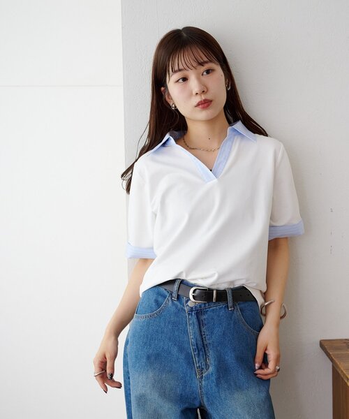 DISCOAT(ディスコート)の「シャツレイヤード風半袖プルオーバー(Tシャツ/カットソー・レディース・ネイビー/オフホワイト/グレー・FREE)」の5枚目の写真
