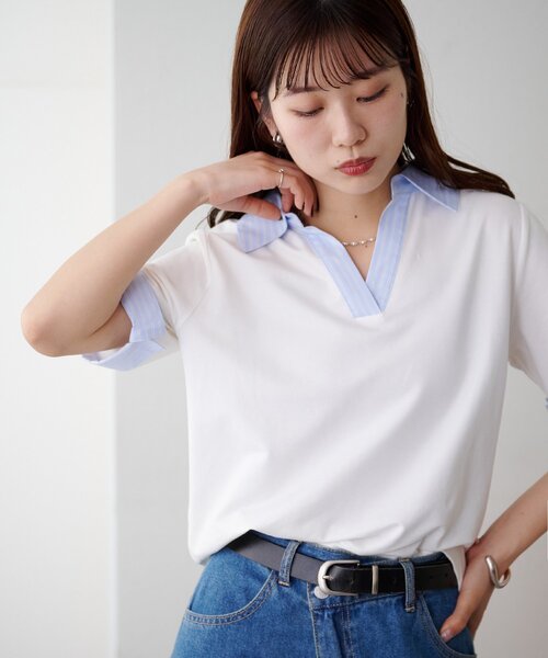 DISCOAT(ディスコート)の「シャツレイヤード風半袖プルオーバー(Tシャツ/カットソー・レディース・ネイビー/オフホワイト/グレー・FREE)」の6枚目の写真