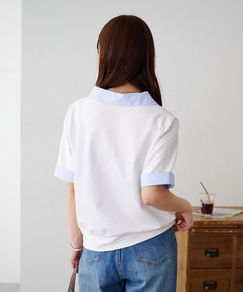 DISCOAT(ディスコート)の「シャツレイヤード風半袖プルオーバー(Tシャツ/カットソー・レディース・ネイビー/オフホワイト/グレー・FREE)」の8枚目の写真