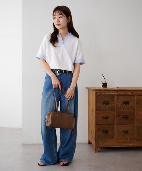 DISCOAT(ディスコート)の「シャツレイヤード風半袖プルオーバー(Tシャツ/カットソー・レディース・ネイビー/オフホワイト/グレー・FREE)」の9枚目の写真
