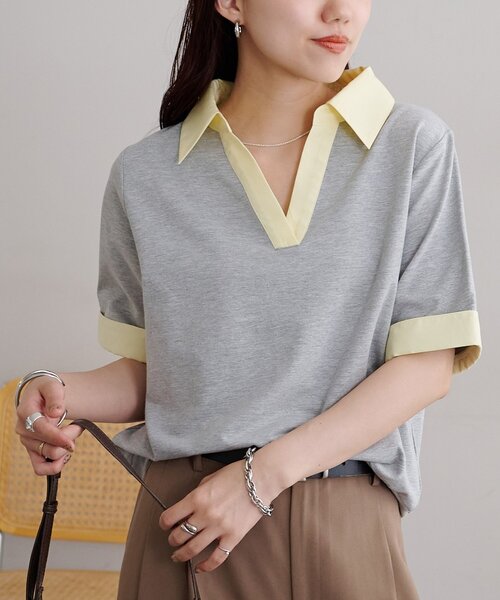 DISCOAT(ディスコート)の「シャツレイヤード風半袖プルオーバー(Tシャツ/カットソー・レディース・ネイビー/オフホワイト/グレー・FREE)」の12枚目の写真