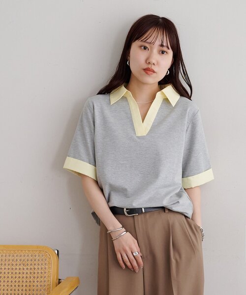 DISCOAT(ディスコート)の「シャツレイヤード風半袖プルオーバー(Tシャツ/カットソー・レディース・ネイビー/オフホワイト/グレー・FREE)」の13枚目の写真