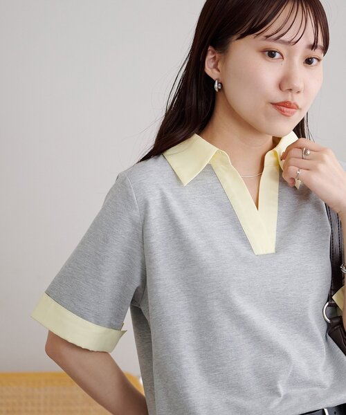 DISCOAT(ディスコート)の「シャツレイヤード風半袖プルオーバー(Tシャツ/カットソー・レディース・ネイビー/オフホワイト/グレー・FREE)」の14枚目の写真