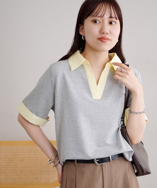 DISCOAT(ディスコート)の「シャツレイヤード風半袖プルオーバー(Tシャツ/カットソー・レディース・ネイビー/オフホワイト/グレー・FREE)」の15枚目の写真