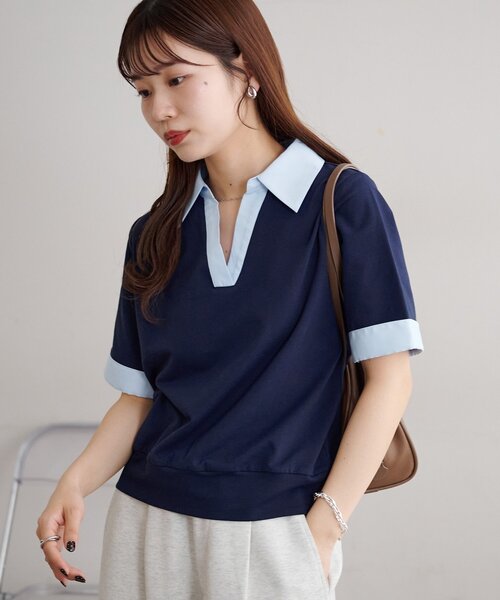 DISCOAT(ディスコート)の「シャツレイヤード風半袖プルオーバー(Tシャツ/カットソー・レディース・ネイビー/オフホワイト/グレー・FREE)」の17枚目の写真