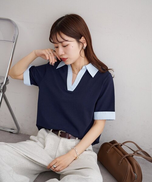 DISCOAT(ディスコート)の「シャツレイヤード風半袖プルオーバー(Tシャツ/カットソー・レディース・ネイビー/オフホワイト/グレー・FREE)」の18枚目の写真