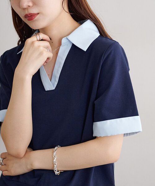 DISCOAT(ディスコート)の「シャツレイヤード風半袖プルオーバー(Tシャツ/カットソー・レディース・ネイビー/オフホワイト/グレー・FREE)」の19枚目の写真