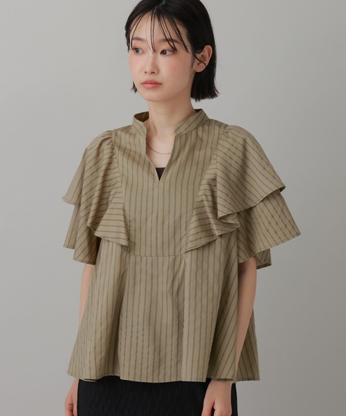 LAKOLE（ラコレ）の「＜多機能素材＞ラッフルストライプブラウス / 861256（シャツ/ブラウス・レディース・ブルー/ベージュ/アイボリー・FREE）」の3枚目の写真