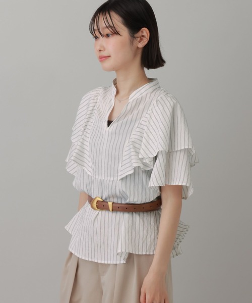 LAKOLE（ラコレ）の「＜多機能素材＞ラッフルストライプブラウス / 861256（シャツ/ブラウス・レディース・ブルー/ベージュ/アイボリー・FREE）」の8枚目の写真