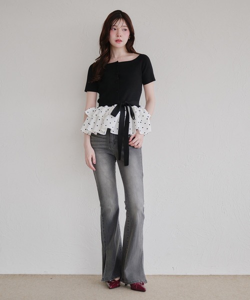fupel(フぺル)の「multiway ribbon frill peplum off-shoulder short sleeve knit / マルチウェイリボンフリルペプラムオフショルダー半袖ニット(ニット/セーター・レディース・グレー/ブラック・FREE)」の12枚目の写真