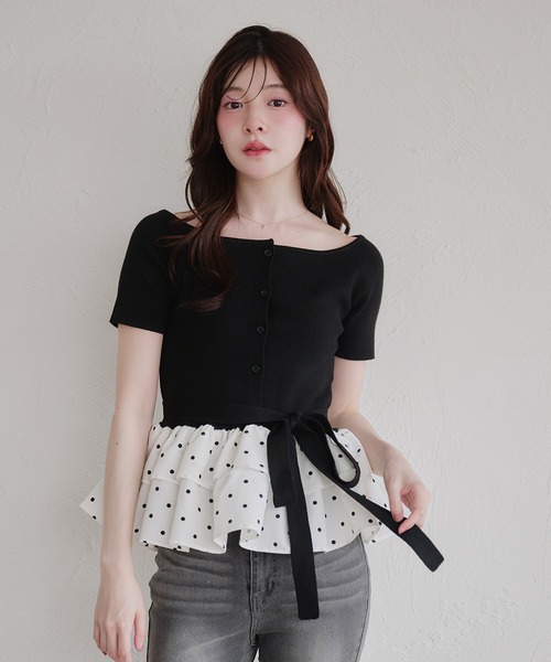 fupel(フぺル)の「multiway ribbon frill peplum off-shoulder short sleeve knit / マルチウェイリボンフリルペプラムオフショルダー半袖ニット(ニット/セーター・レディース・グレー/ブラック・FREE)」の20枚目の写真