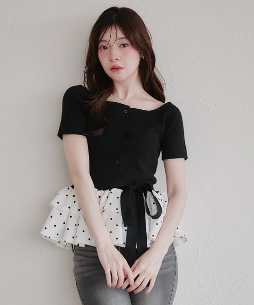 fupel(フぺル)の「multiway ribbon frill peplum off-shoulder short sleeve knit / マルチウェイリボンフリルペプラムオフショルダー半袖ニット(ニット/セーター・レディース・グレー/ブラック・FREE)」の21枚目の写真