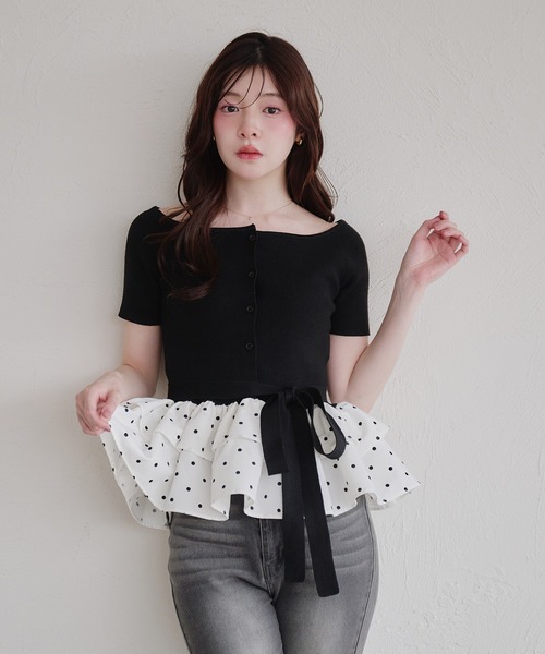 fupel(フぺル)の「multiway ribbon frill peplum off-shoulder short sleeve knit / マルチウェイリボンフリルペプラムオフショルダー半袖ニット(ニット/セーター・レディース・グレー/ブラック・FREE)」の22枚目の写真