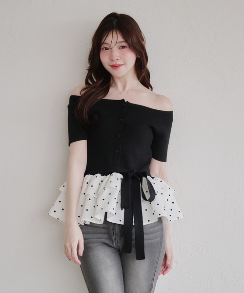 fupel(フぺル)の「multiway ribbon frill peplum off-shoulder short sleeve knit / マルチウェイリボンフリルペプラムオフショルダー半袖ニット(ニット/セーター・レディース・グレー/ブラック・FREE)」の18枚目の写真