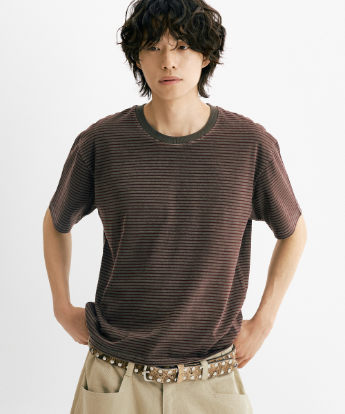 THEN OUR(デンアワー)の「ピグメントストライプクロップ半袖Tシャツ(バーガンディ)(Tシャツ/カットソー・メンズ・その他・X-LARGE/LARGE/MEDIUM)」の1枚目の写真
