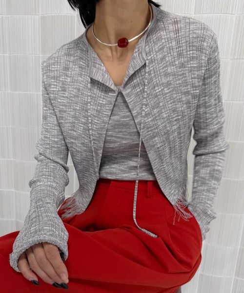 Ameri(アメリ)の「FRINGE CARDIGAN WITH CAMISOLE(その他トップス・レディース・グレー/ネイビー/パープル・FREE)」の2枚目の写真