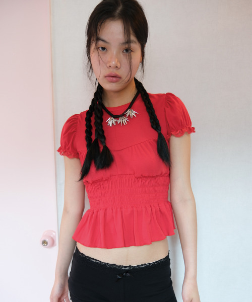 LOSESLEEPOVER(ルーズスリップオーバー)の「ギャザータージトップ *ポピー レッド(Tシャツ/カットソー・レディース・その他・FREE)」の1枚目の写真