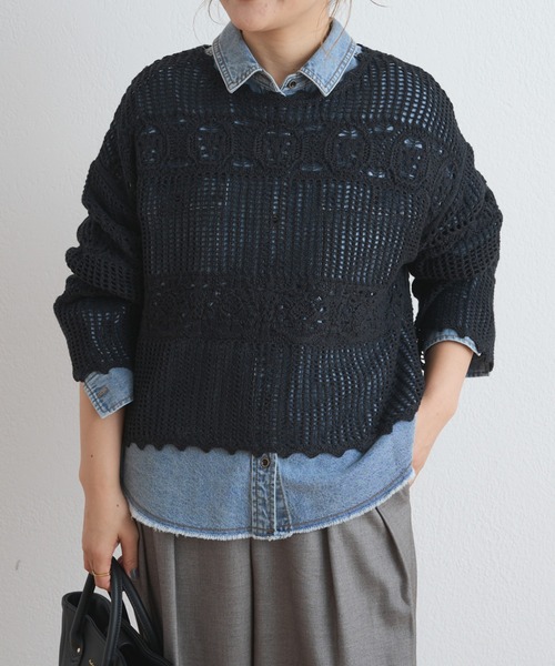 PUAL CE CIN(ピュアルセシン)の「カギ針編み風ニットプルオーバー(ニット/セーター・レディース・アイボリー/オリーブ/スミクロ・FREE)」の2枚目の写真