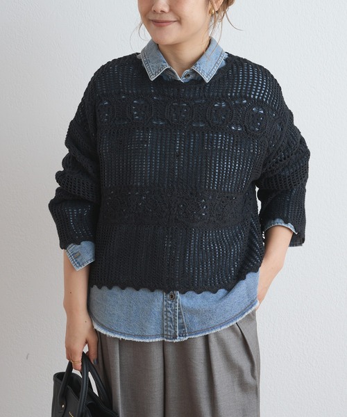 PUAL CE CIN(ピュアルセシン)の「カギ針編み風ニットプルオーバー(ニット/セーター・レディース・アイボリー/オリーブ/スミクロ・FREE)」の15枚目の写真