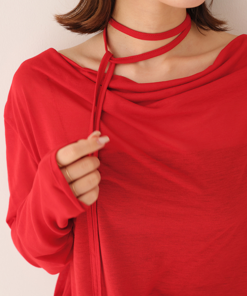 SLOBE IENA(スローブイエナ)の「2WAYドレープ タイ付きカットソー(Tシャツ/カットソー・レディース・チャコールグレー/ホワイト/レッド・FREE)」の1枚目の写真