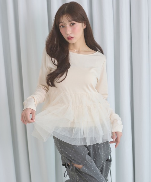 Ambre Neige（アンブルネージュ）の「tulle peplum tops / チュールペプラムトップス（Tシャツ/カットソー・レディース・チャコールグレー/ボルドー/アイボリー・FREE）」の2枚目の写真
