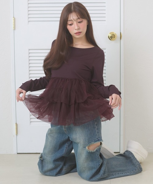 Ambre Neige（アンブルネージュ）の「tulle peplum tops / チュールペプラムトップス（Tシャツ/カットソー・レディース・チャコールグレー/ボルドー/アイボリー・FREE）」の3枚目の写真
