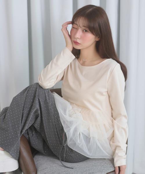 Ambre Neige（アンブルネージュ）の「tulle peplum tops / チュールペプラムトップス（Tシャツ/カットソー・レディース・チャコールグレー/ボルドー/アイボリー・FREE）」の4枚目の写真