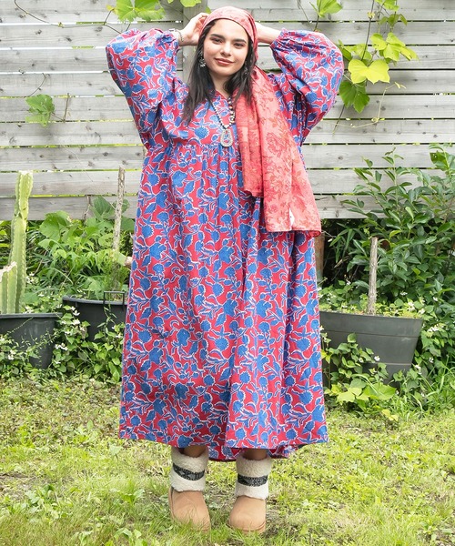 チャイハネ(チャイハネ)の「【チャイハネ】インド綿エスニックプリントワンピース(ワンピース・レディース・レッド/ターコイズブルー/ネイビー/ブラック/ピンク/ホワイト・FREE)」の6枚目の写真