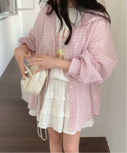 WEGO(ウィゴー)の「フード付きチェック柄シャツ薄手アウター/羽織り(シャツ/ブラウス・レディース・ピンク/ブルー/ブラック・FREE)」の1枚目の写真