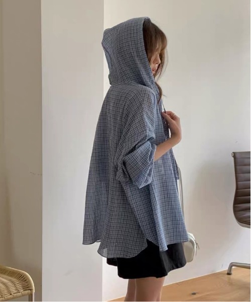 WEGO(ウィゴー)の「フード付きチェック柄シャツ薄手アウター/羽織り(シャツ/ブラウス・レディース・ピンク/ブルー/ブラック・FREE)」の11枚目の写真