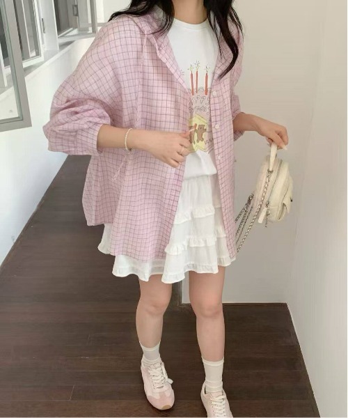 WEGO(ウィゴー)の「フード付きチェック柄シャツ薄手アウター/羽織り(シャツ/ブラウス・レディース・ピンク/ブルー/ブラック・FREE)」の14枚目の写真