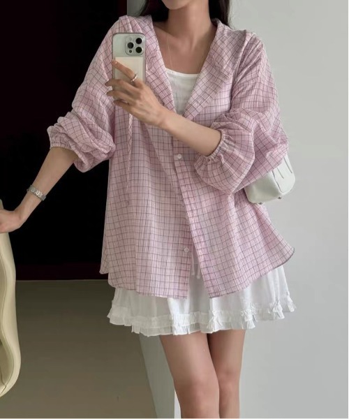 WEGO(ウィゴー)の「フード付きチェック柄シャツ薄手アウター/羽織り(シャツ/ブラウス・レディース・ピンク/ブルー/ブラック・FREE)」の16枚目の写真