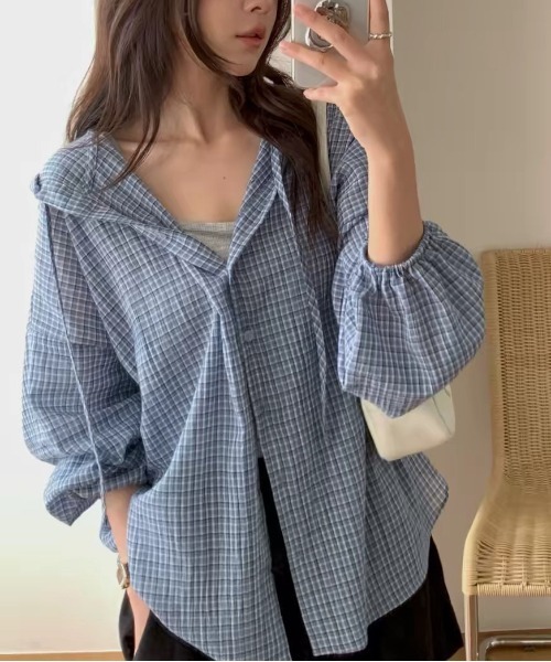 WEGO(ウィゴー)の「フード付きチェック柄シャツ薄手アウター/羽織り(シャツ/ブラウス・レディース・ピンク/ブルー/ブラック・FREE)」の8枚目の写真