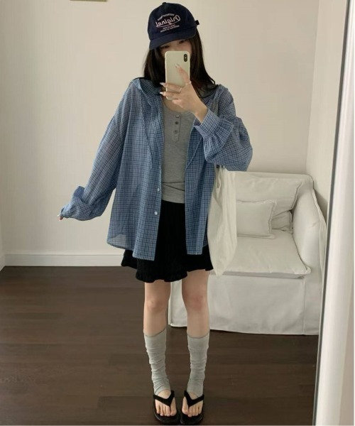 WEGO(ウィゴー)の「フード付きチェック柄シャツ薄手アウター/羽織り(シャツ/ブラウス・レディース・ピンク/ブルー/ブラック・FREE)」の12枚目の写真
