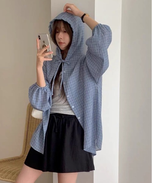 WEGO(ウィゴー)の「フード付きチェック柄シャツ薄手アウター/羽織り(シャツ/ブラウス・レディース・ピンク/ブルー/ブラック・FREE)」の9枚目の写真