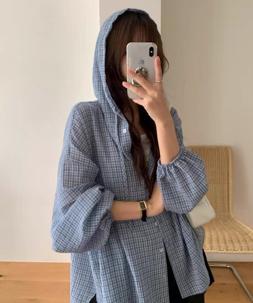 WEGO(ウィゴー)の「フード付きチェック柄シャツ薄手アウター/羽織り(シャツ/ブラウス・レディース・ピンク/ブルー/ブラック・FREE)」の5枚目の写真