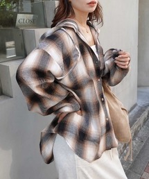 フード付きチェックシャツ
