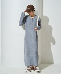 限定展開 ケーブル ニット 襟 ロング ワンピース