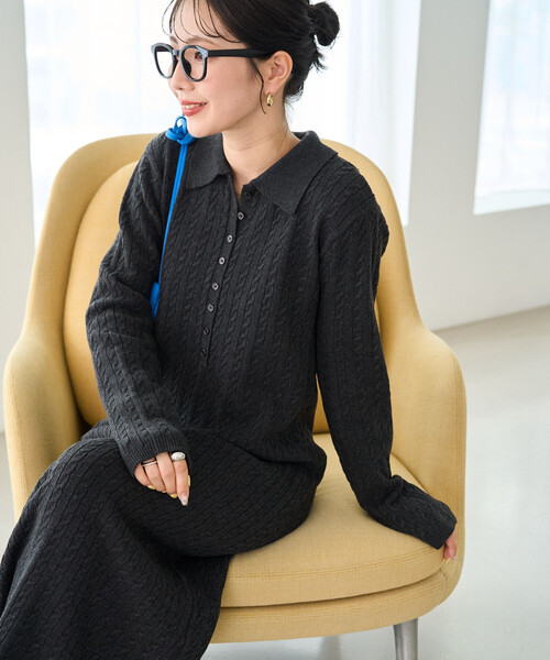 FREAK'S STORE（フリークスストア）の「限定展開　ケーブル ニット 襟 ロング ワンピース（ワンピース・レディース・グレー/ブラウン/ベージュ/チャコールグレー・ﾌﾘ-）」の2枚目の写真