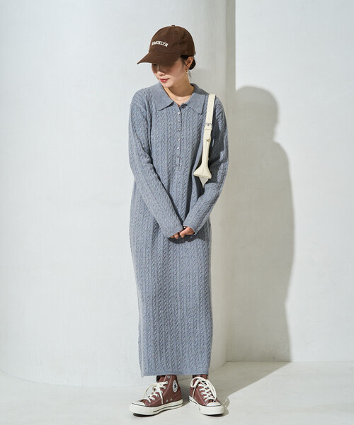 FREAK'S STORE（フリークスストア）の「限定展開　ケーブル ニット 襟 ロング ワンピース（ワンピース・レディース・グレー/ブラウン/ベージュ/チャコールグレー・ﾌﾘ-）」の5枚目の写真