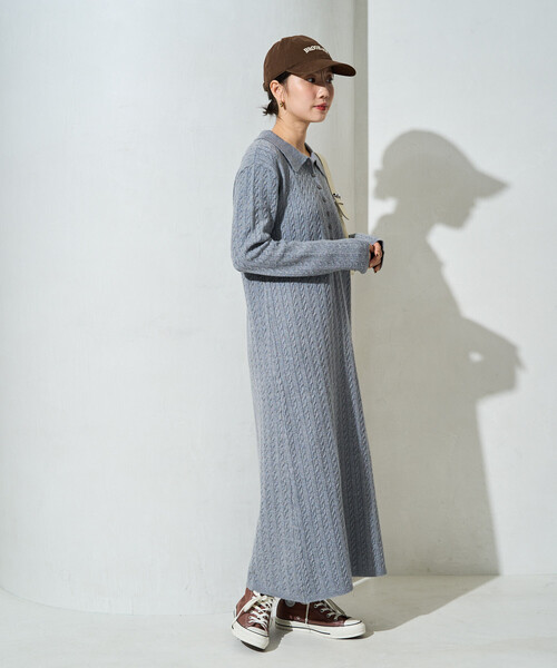 FREAK'S STORE（フリークスストア）の「限定展開　ケーブル ニット 襟 ロング ワンピース（ワンピース・レディース・グレー/ブラウン/ベージュ/チャコールグレー・ﾌﾘ-）」の6枚目の写真
