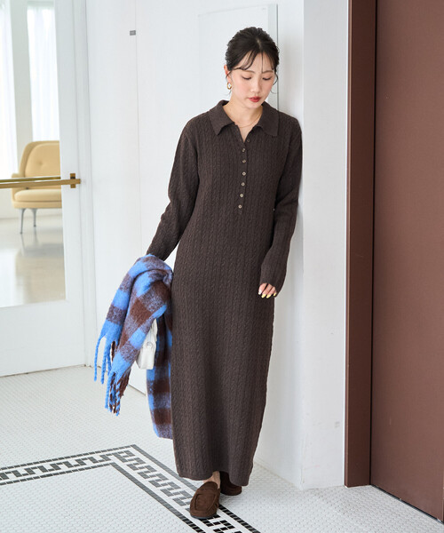 FREAK'S STORE（フリークスストア）の「限定展開　ケーブル ニット 襟 ロング ワンピース（ワンピース・レディース・グレー/ブラウン/ベージュ/チャコールグレー・ﾌﾘ-）」の16枚目の写真
