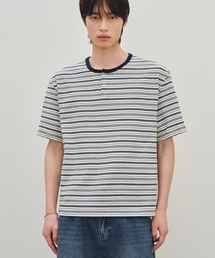 マリンストライプヘンリーネックハーフTシャツ[ネイビー]