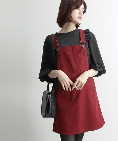 WEGO（ウィゴー）の「WEGO/ベーシックジャンパースカート（ジャンパースカート・レディース・ワインレッド/インディゴブルー/ダークインディゴブルー/ブラック・FREE）」の4枚目の写真