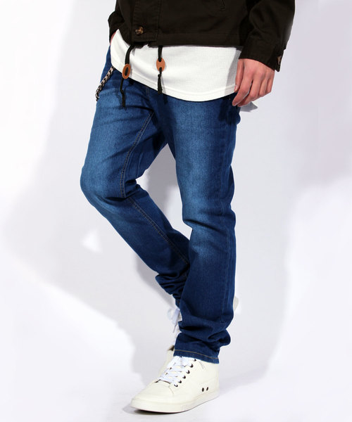 ８(eight)（エイト）の「USED加工 スキニージーンズ ストレッチ スリム デニム（デニムパンツ・メンズ・ブラック/インディゴブルー/グレー/ブルー/ワンウォッシュ・MEDIUM/LARGE/X-LARGE）」の3枚目の写真