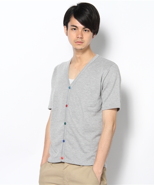 WEGO（ウィゴー）の「背裏チェックVネックSSカーディガン（カーディガン/ボレロ・メンズ・ブラック/杢グレー/ターコイズブルー/ライトピンク/ワイン・MEDIUM/LARGE）」の2枚目の写真