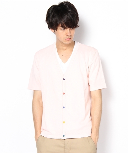 WEGO（ウィゴー）の「背裏チェックVネックSSカーディガン（カーディガン/ボレロ・メンズ・ブラック/杢グレー/ターコイズブルー/ライトピンク/ワイン・MEDIUM/LARGE）」の4枚目の写真